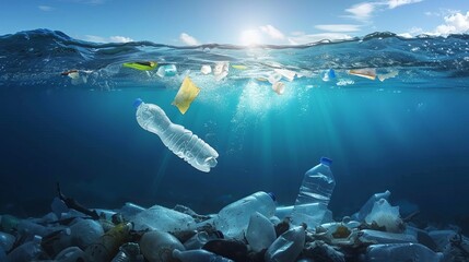 Plastic rubbish pollution in ocean environment - obrazy, fototapety, plakaty