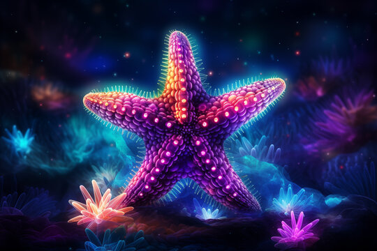 Colorful Starfish in Night Sky. Generative AI.