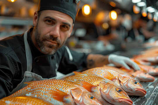 chef in the kitchen with fresh raw fish