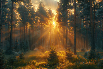 Misty morning in the forest with sun rays shining through the trees