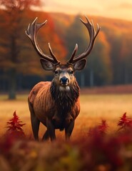 Banner with red deer stag in the autumn field. Noble deer male. Beautiful animal in the nature habitat. Wildlife scene from the wild nature landscape. Generative AI