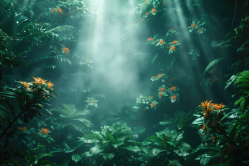 tropical forest vegetation, light breaks through the fog