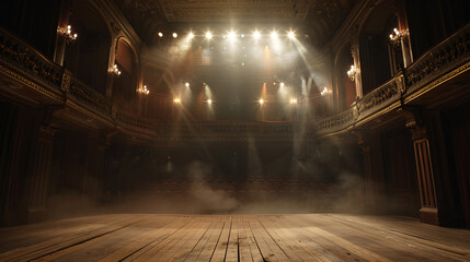 The intimate perspective of an empty stage in a classic theater, with spotlights creating a moody and dramatic atmosphere