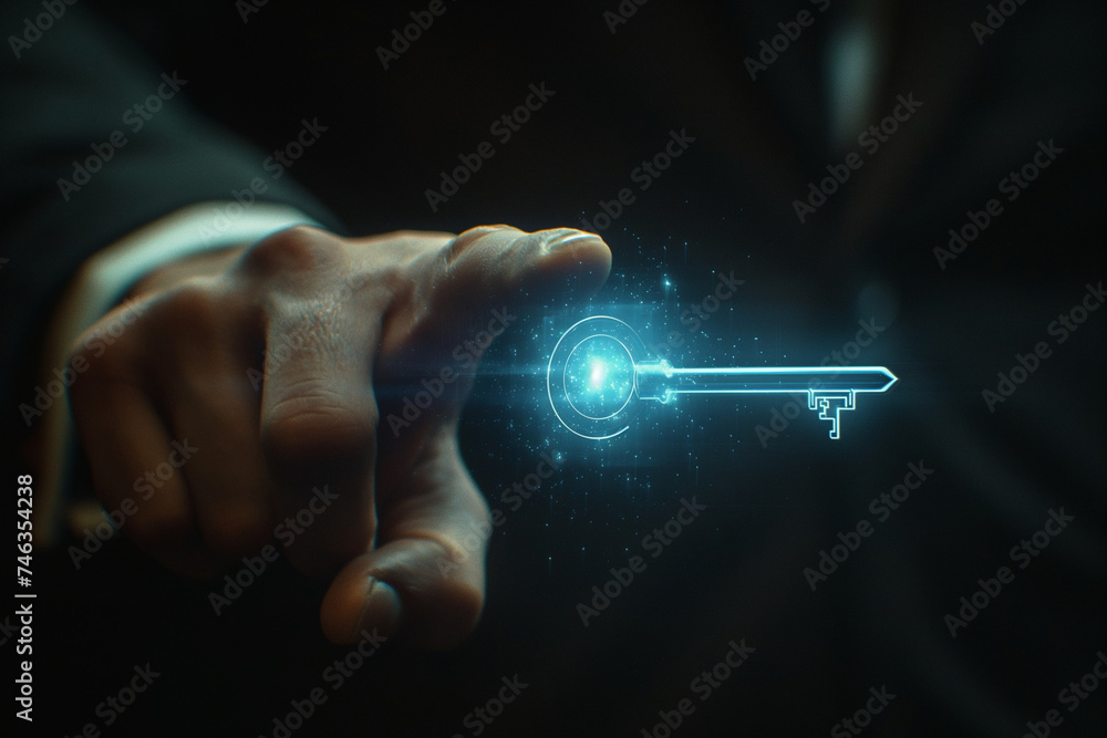 Poster hand pushing button on touchscreen interface for business technology, key and lock, safety data conc