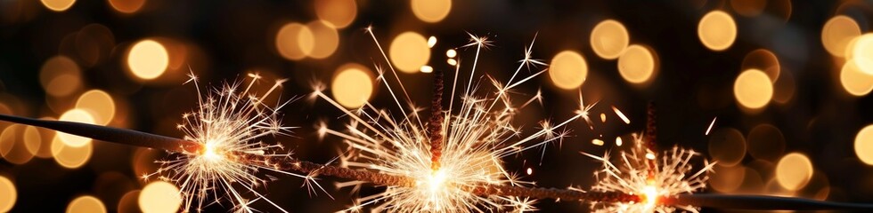 A composition of sparklers arranged in a circular pattern, their light radiating outward, set against a backdrop of dark, mysterious bokeh lights,  New Year.