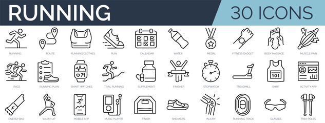 Set of 30 outline icons related to running.Linear icon collection. Editable stroke. Vector illustration