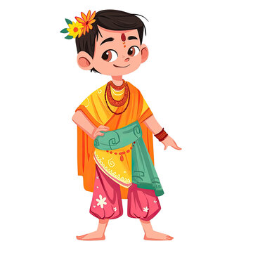An illustration of a child dressed in Hindu attire with flowers on their head