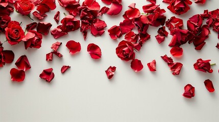 Red rose petals on white background.