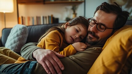 A father hugging his daughter warmly - obrazy, fototapety, plakaty