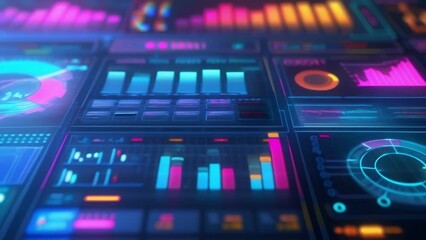 Closeup of a digital dashboard displaying realtime equipment metrics with colorful graphs and charts representing production levels and efficiency.