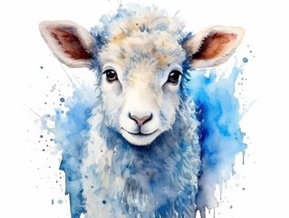 Watercolor Blue Sheep Portrait Isolated, Color Aquarelle Lamb, Creative Watercolor Blue Sheep