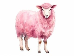 Watercolor Pink Sheep Portrait Isolated, Color Aquarelle Lamb, Creative Watercolor Red Sheep