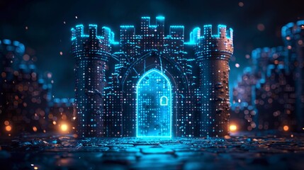 Depict the intricate world of cybersecurity, with binary code forming an impenetrable digital fortress - obrazy, fototapety, plakaty