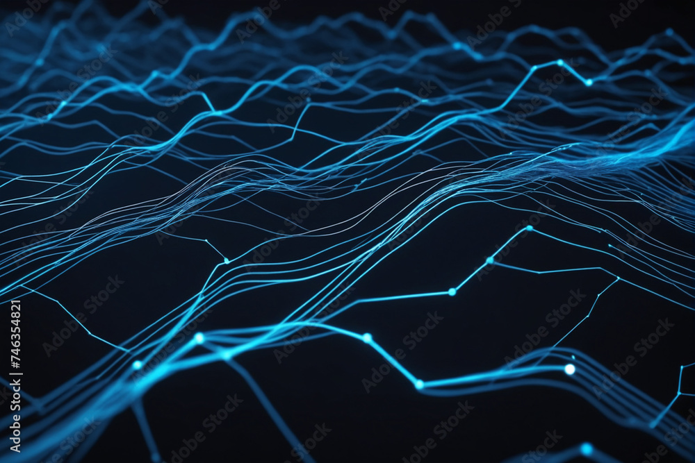 Poster Cyber big data flow. Blockchain blue data fields. Network line connect stream