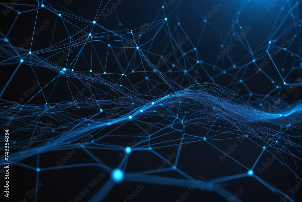 Poster Cyber big data flow. Blockchain blue data fields. Network line connect stream