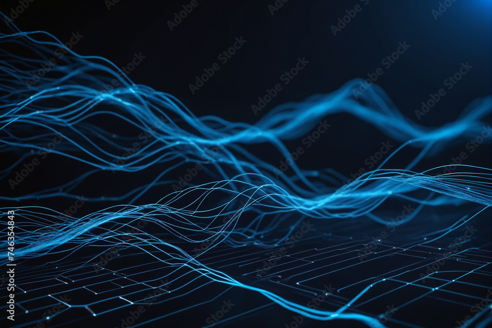Poster Cyber big data flow. Blockchain blue data fields. Network line connect stream