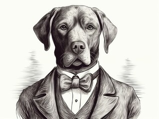 Sketch Gentleman Dog in a Vintage Suit, Victorian Fashion Animal, Sketched Funny Puppy, Hand Drawn