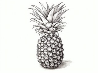 Sketched Pineapple Isolated, Hand Drawn Ananas, Whole Comosus, Engraving Tropical Fruit