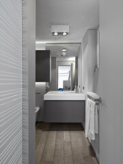 Fototapeta na wymiar Interior view of a modern bathroom with a wooden floor