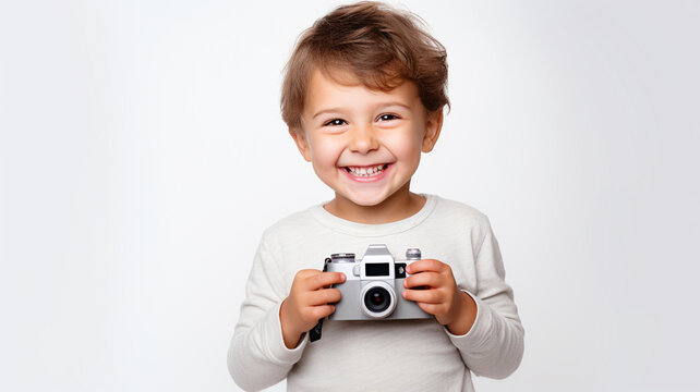Happy little child holding camera isolated on white background