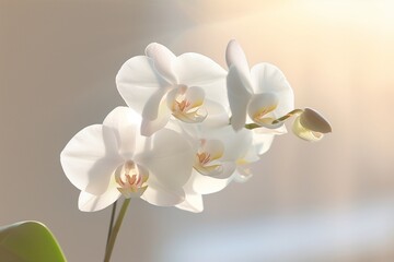 A delicate white orchid in full bloom, with soft morning light casting a gentle glow, against a plain, soothingly blurred background.