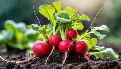 Deurstickers Freshly harvested radishes on ground in the garden. Selective focus. Healthy food concept. © Arda ALTAY