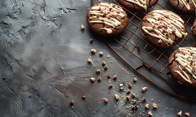Obraz na płótnie Canvas Freshly baked chocolate cookies with peppermint chips, Generative AI