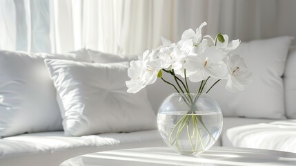 Closeup of white vase of fresh orchids on a table, living room interior design with cozy sofa and greenery background. Home decor inspiration.