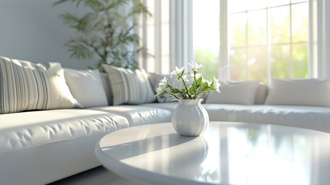 Living room in natural light. White sofa with striped cushions. Glossy round table with a small vase of fresh white flowers. Home decor, real estate interiors, comfort, aesthetics.