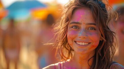 Indian girl with a beautiful smile and colorful face after Holi