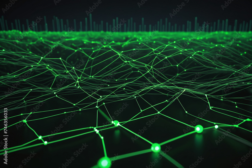Poster Cyber big data flow. Blockchain green data fields. Network line connect stream