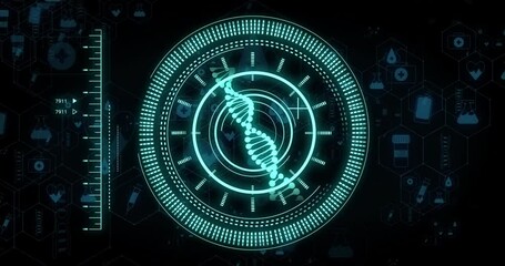 Animation of dna strand and digital data processing over black background - Powered by Adobe