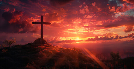Fototapeta na wymiar Majestic Sunset Behind the Christian Cross on a Rugged Hilltop Symbolizing Hope and Faith