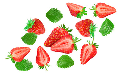 flying Sliced strawberry with green leaves isolated on white background. clipping path
