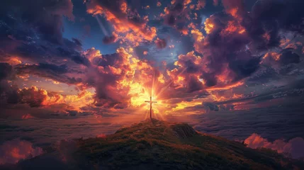 Foto auf Acrylglas Majestic Sunset Behind the Christian Cross on a Rugged Hilltop Symbolizing Hope and Faith © Farnaces