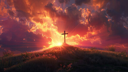 Majestic Sunset Behind the Christian Cross on a Rugged Hilltop Symbolizing Hope and Faith