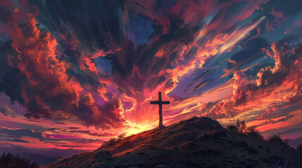Majestic Sunset Behind the Christian Cross on a Rugged Hilltop Symbolizing Hope and Faith - obrazy, fototapety, plakaty
