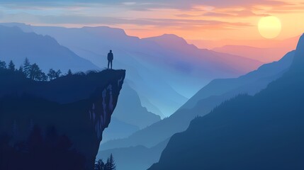 Man Standing on Cliff Overlooking Distant Mountains at Sunset - obrazy, fototapety, plakaty