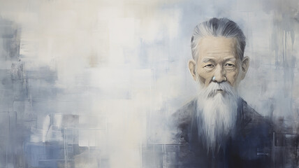 light background, portrait of an old asian, oriental man with a beard, wise grandfather, art work painting copy space - obrazy, fototapety, plakaty