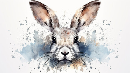 A big-eared hare in splashes of watercolor paints with an expressive look - obrazy, fototapety, plakaty