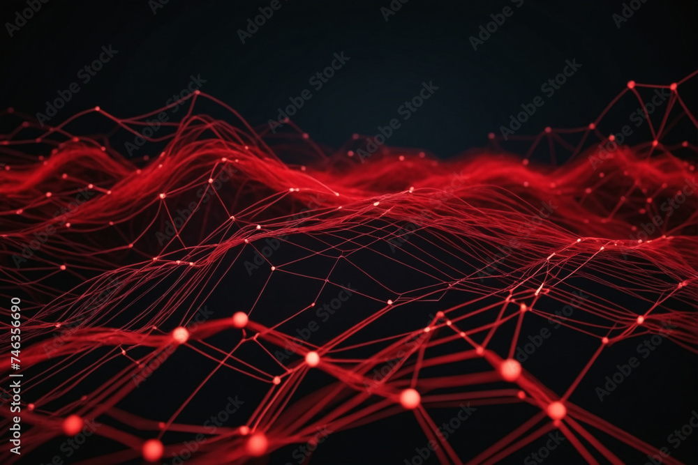 Poster Cyber big data flow. Blockchain red data fields. Network line connect stream