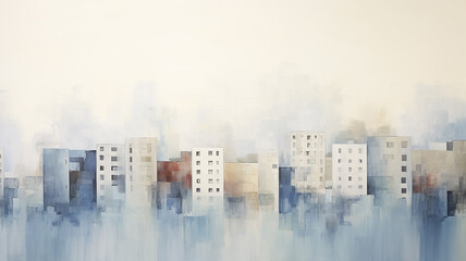 city, line of houses, street art work painting in impressionism style, light background white and blue shade design