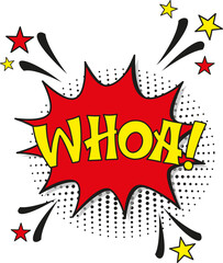 Comic lettering whoa. Vector bright cartoon illustration in retro pop art style. Comic text sound effects. EPS 10.