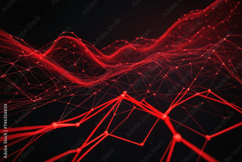 Poster Cyber big data flow. Blockchain red data fields. Network line connect stream