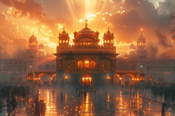 Obraz premium imagination of the asian building with sunrise golden temple, the photorealistic urban scenes from birds-eye-view with vibrant stage backdrops South East traditional temple building.