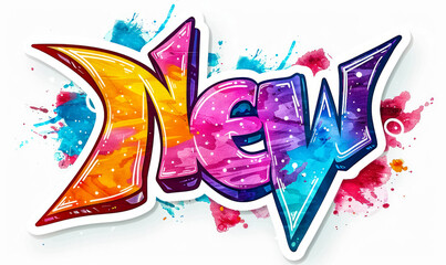 Vibrant graffiti-style sticker with the word NEW in bold, colorful letters, symbolizing fresh starts, announcements, and modern trends