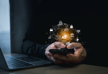 Businessman mobile and touch virtual digital Ai network chain. Digital transformation management, internet of things, smart Ai technology, IoT concepts of business icons smart Internet of Things.