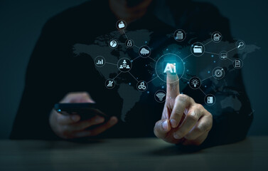 Man using mobile and touch virtual digital Ai network chain. Digital transformation change management, internet of things, smart Ai technology, IoT concepts business icons smart Internet of Things.