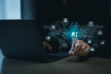 Man using laptop and touch virtual digital Ai network chain. Digital transformation change management, internet of things, smart Ai technology, IoT concepts business icons smart Internet of Things.