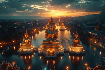 imagination of the asian building with sunrise golden temple, the photorealistic urban scenes from birds-eye-view with vibrant stage backdrops South East traditional temple building.